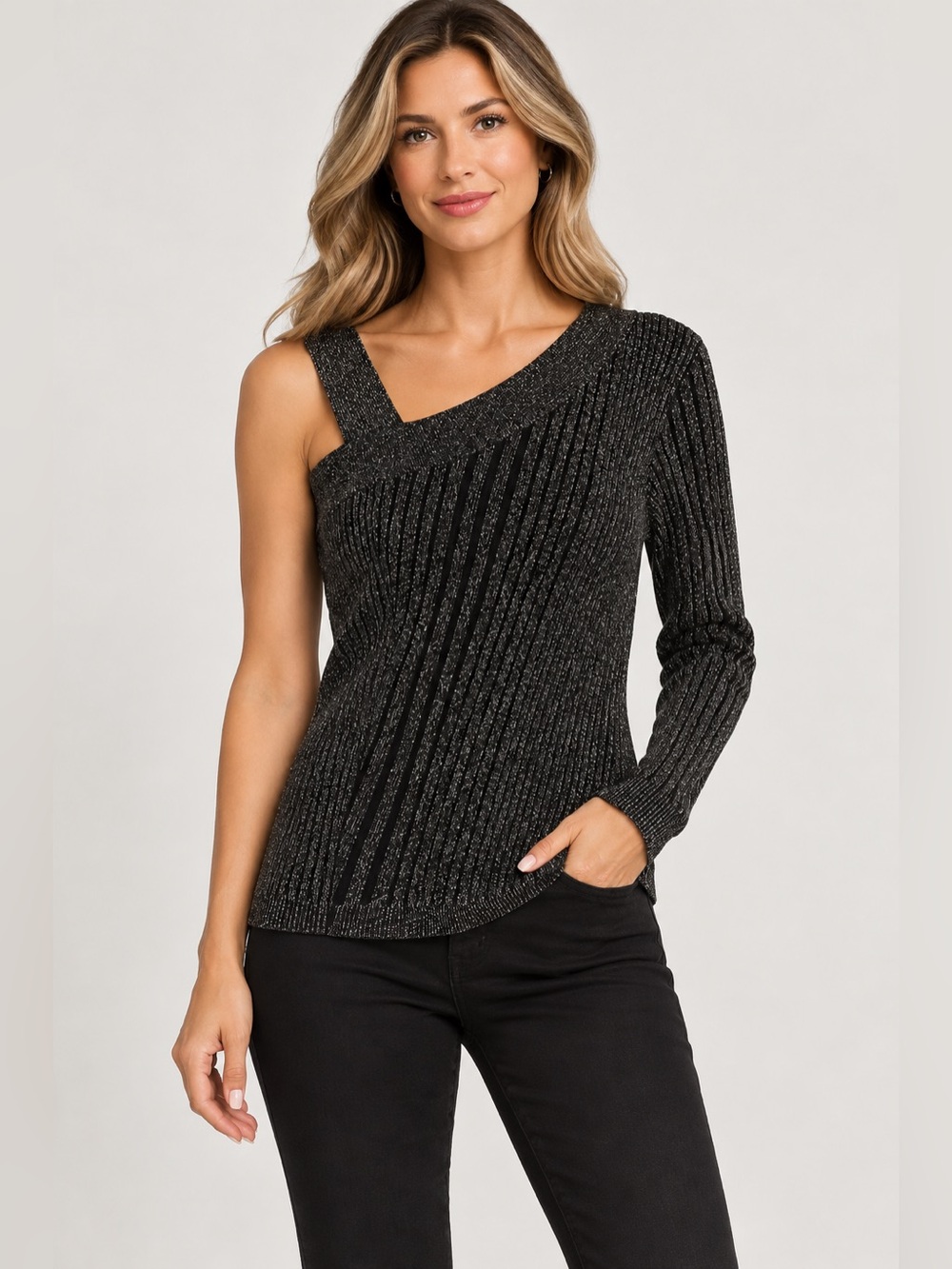 Karen Millen Off-Shoulder Ribbed Metallic Black Women’s Sweater